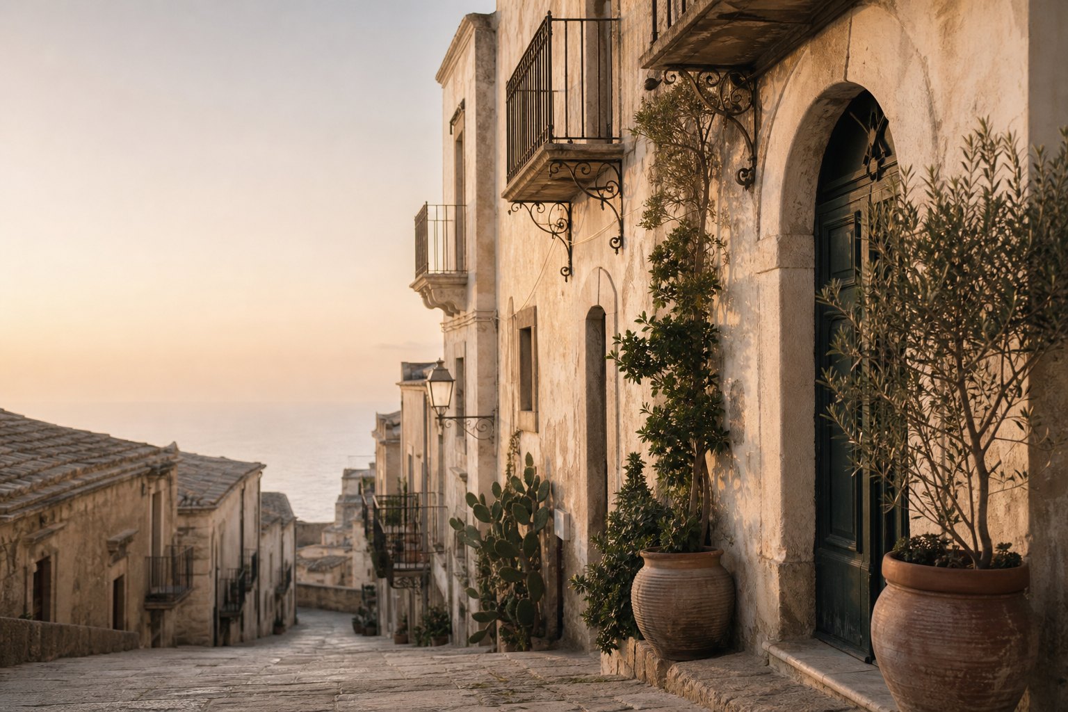 Quiet Sicilian village lane at dawn
