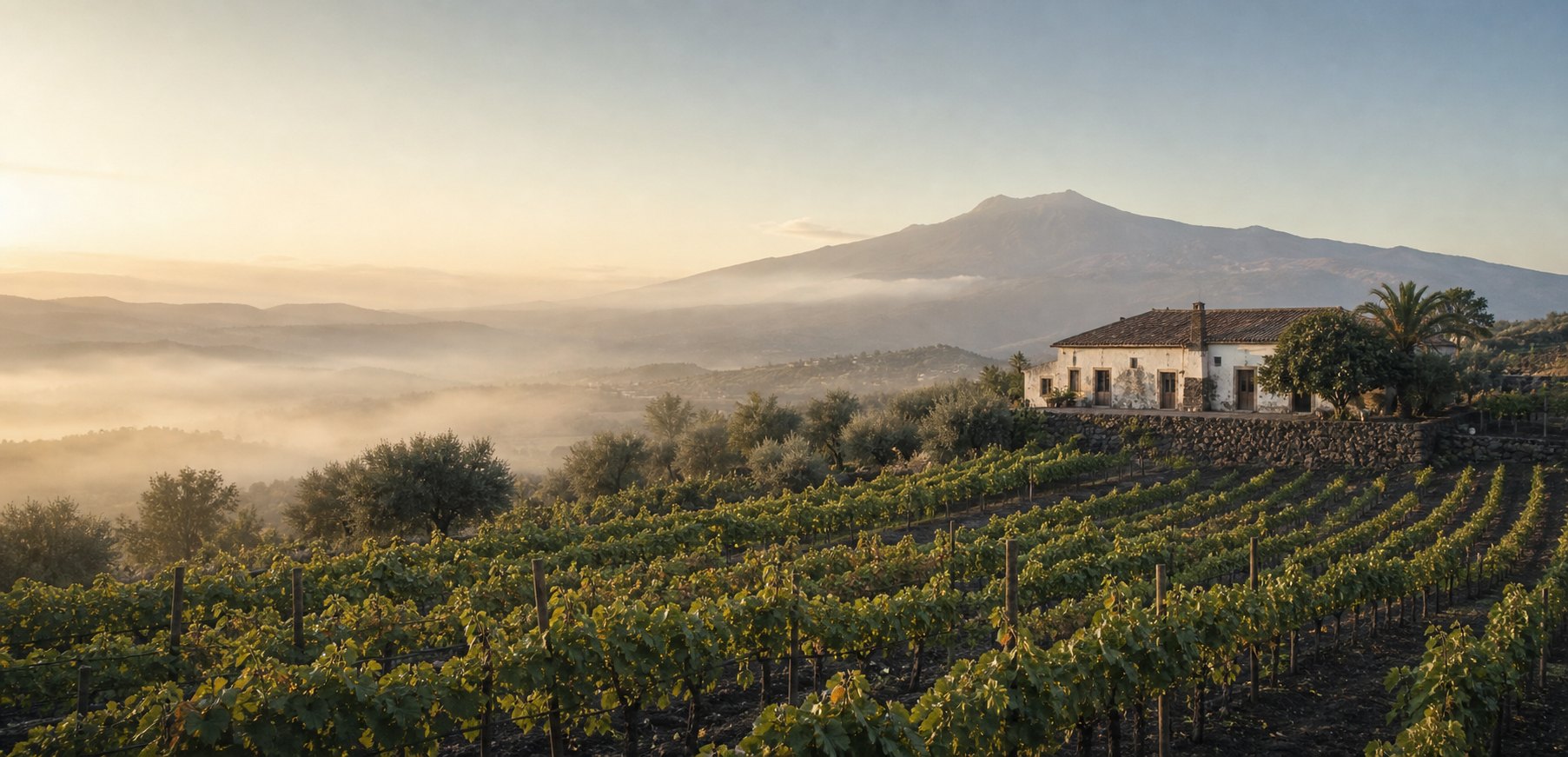 Sicilian hillside vineyard in soft morning light