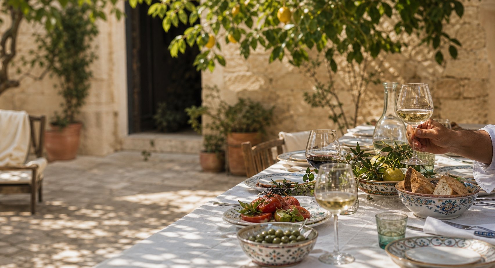 Slow Sicilian courtyard lunch under citrus trees