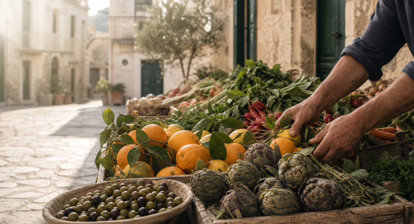 Sicilian market table with citrus, olives, and herbs