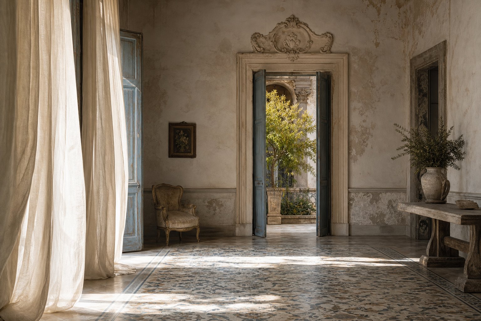 Historic Sicilian palazzo interior in soft light