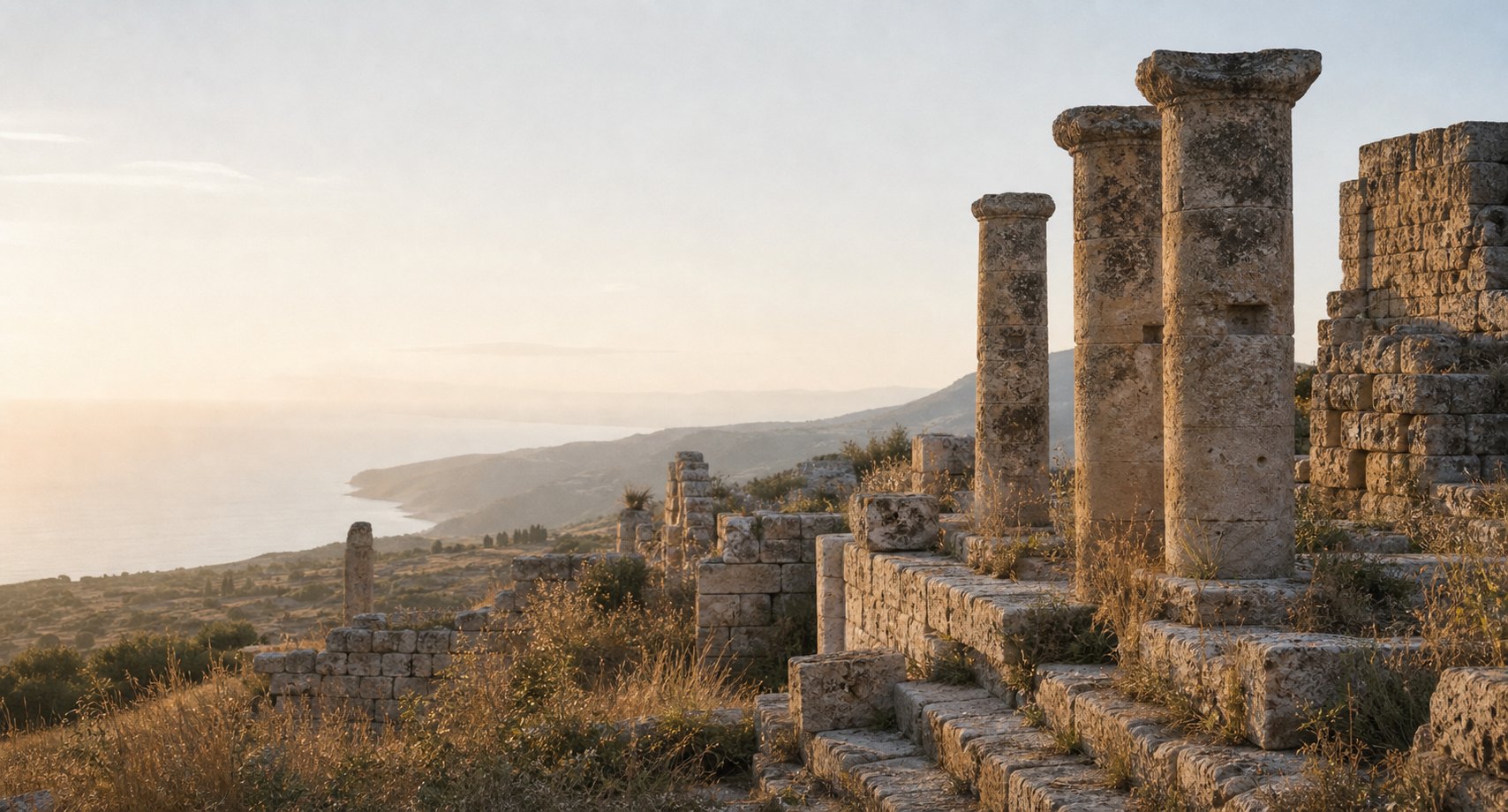 Ancient Sicilian stone ruins and sea haze