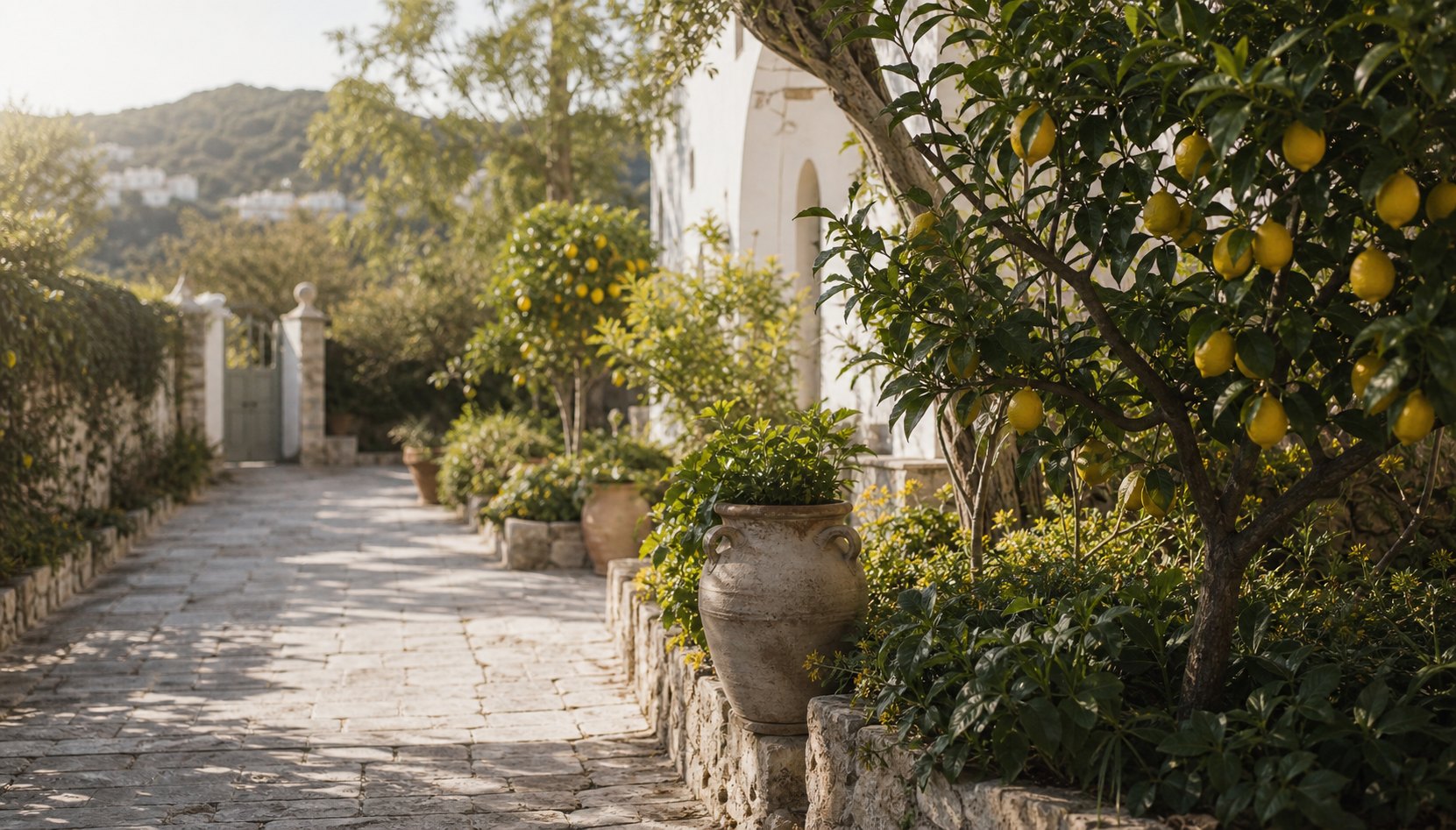 Walled Sicilian citrus garden and stone path