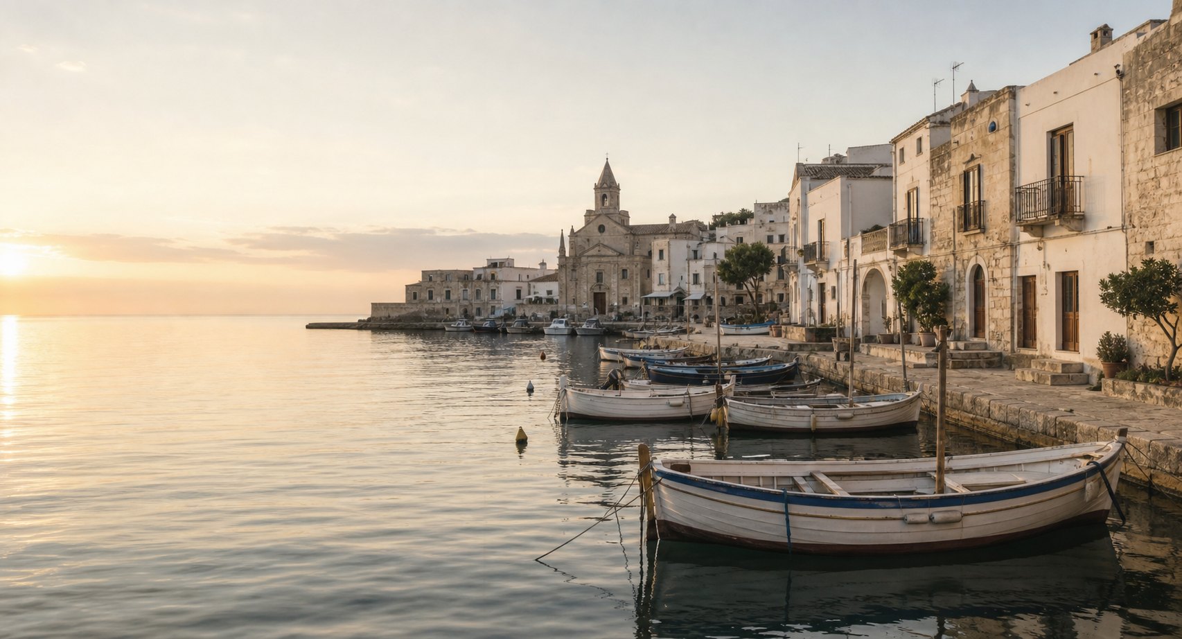 Quiet Sicilian coastal village harbor at sunrise