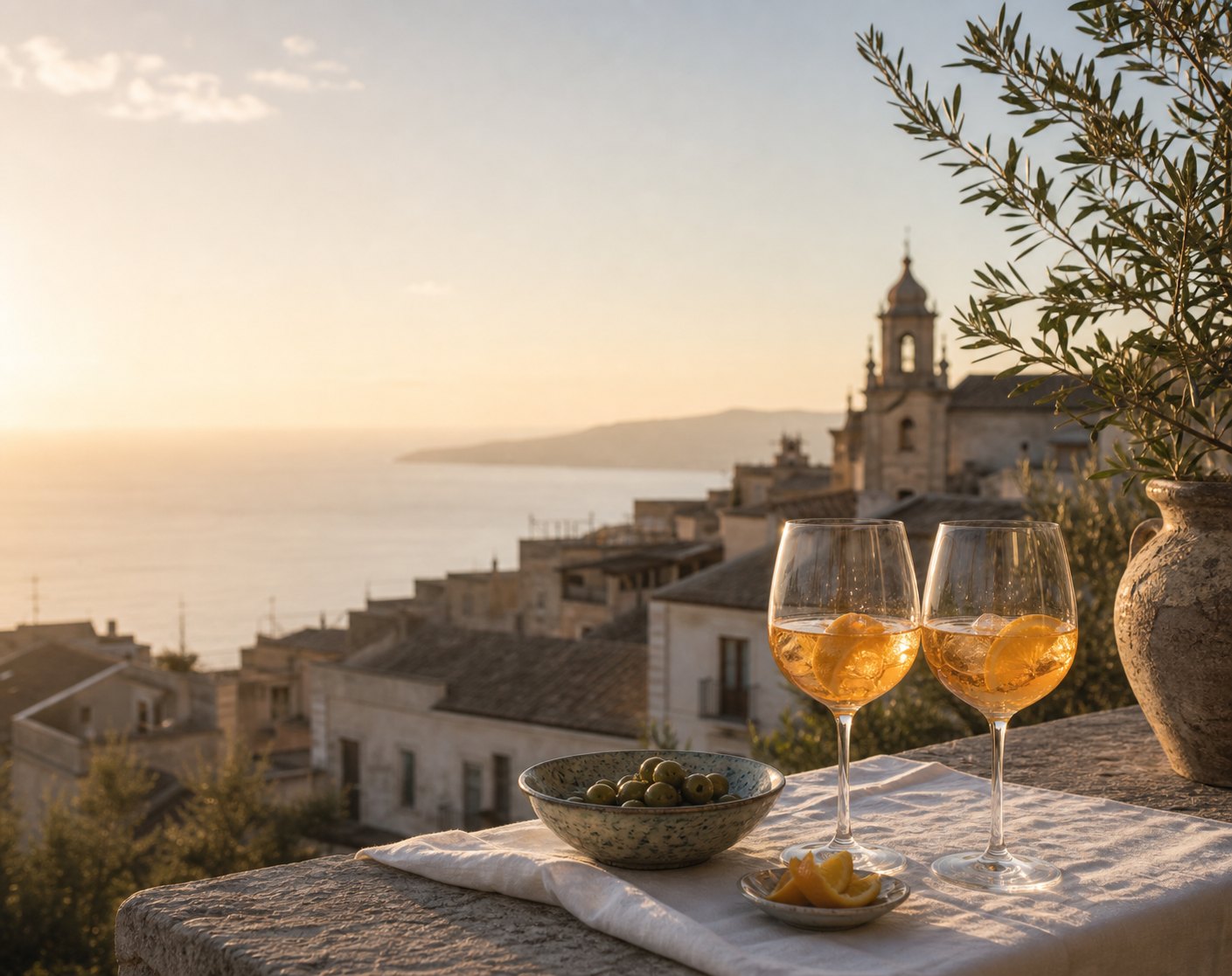 Sicilian aperitivo terrace overlooking sea haze