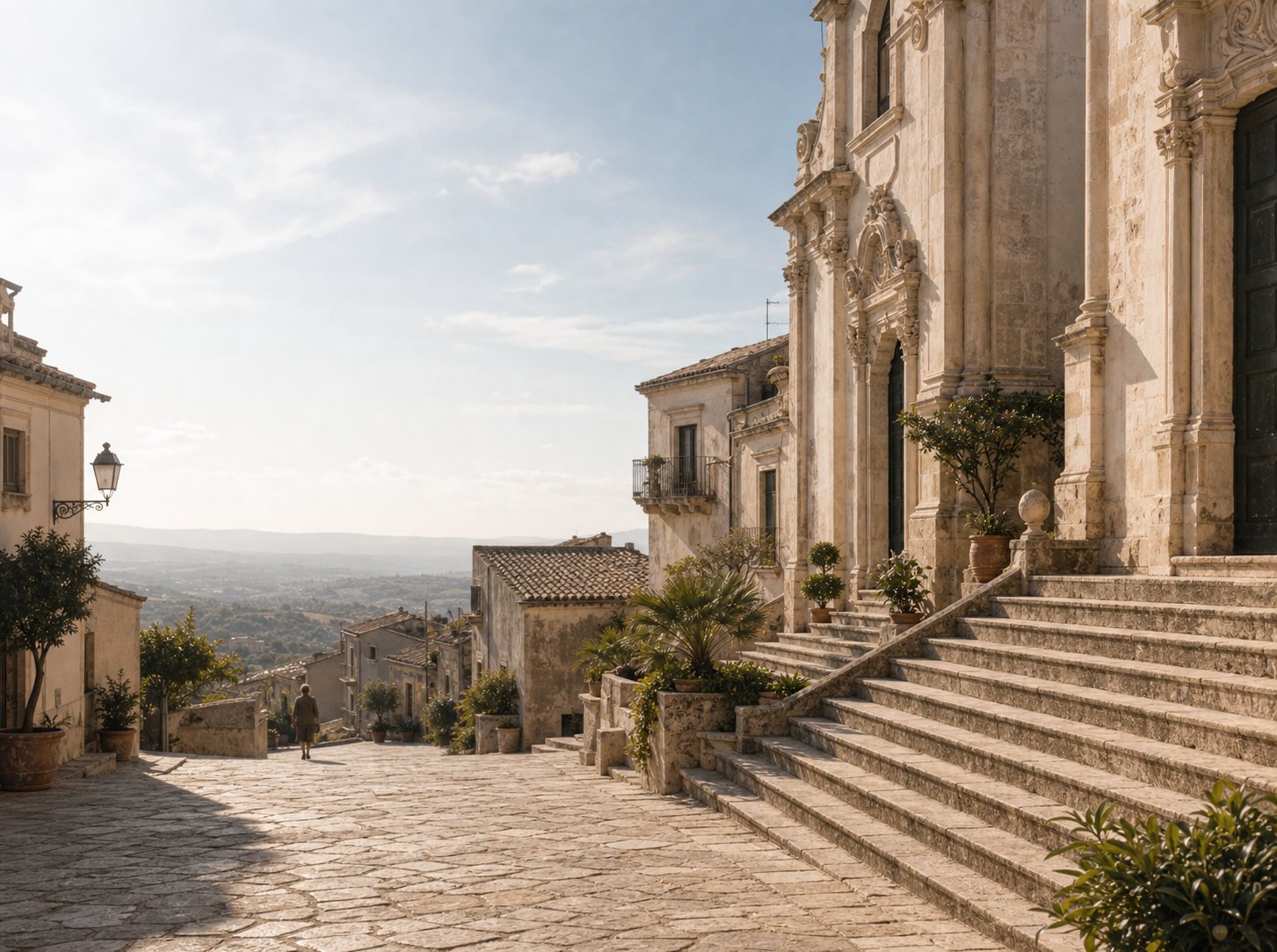 Quiet Sicilian village square and church steps