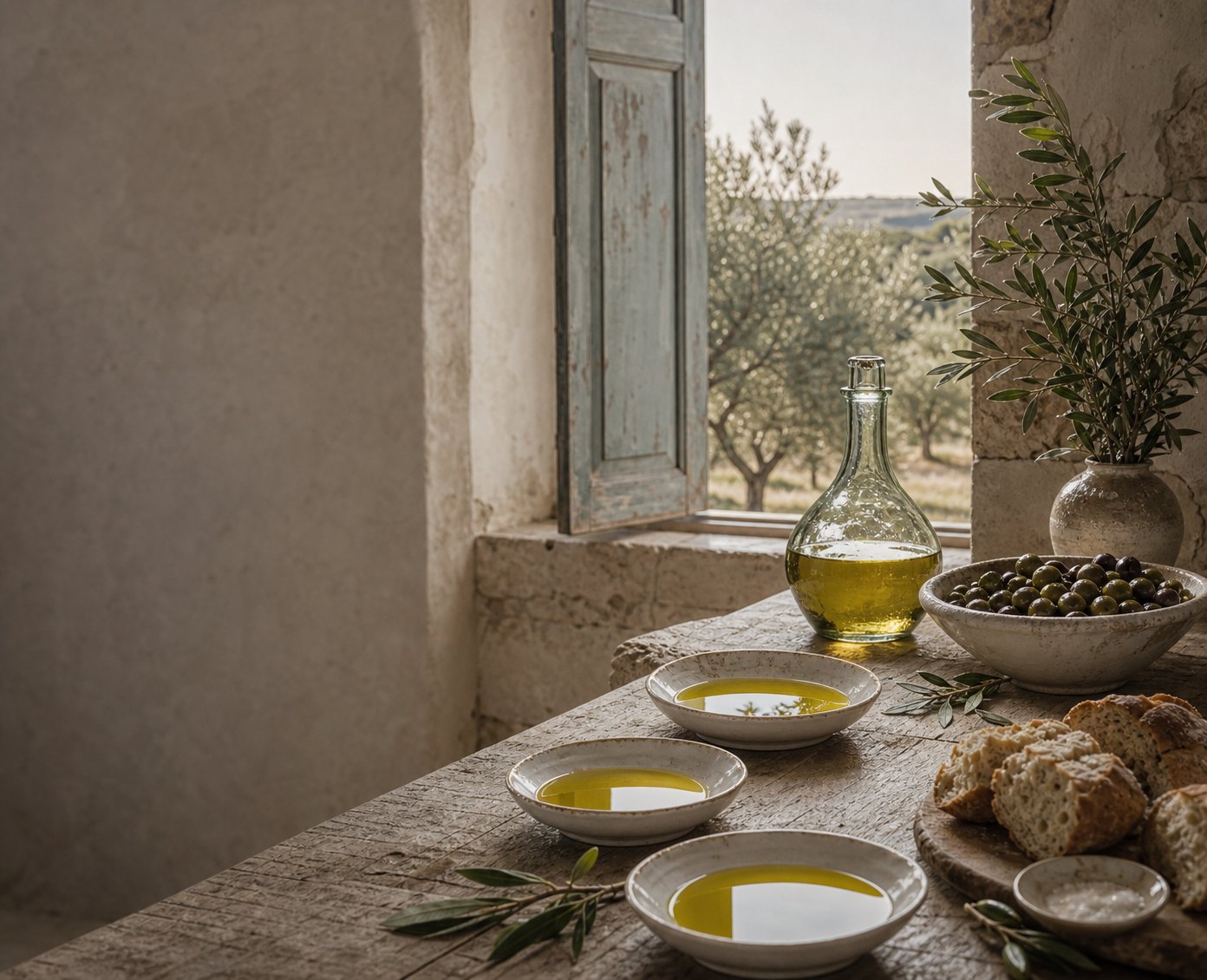 Sicilian olive oil tasting table by an open window
