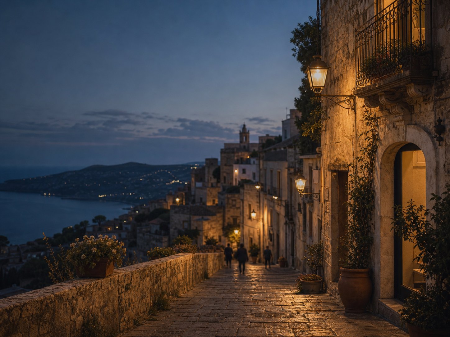 Sicilian hill town street at blue hour