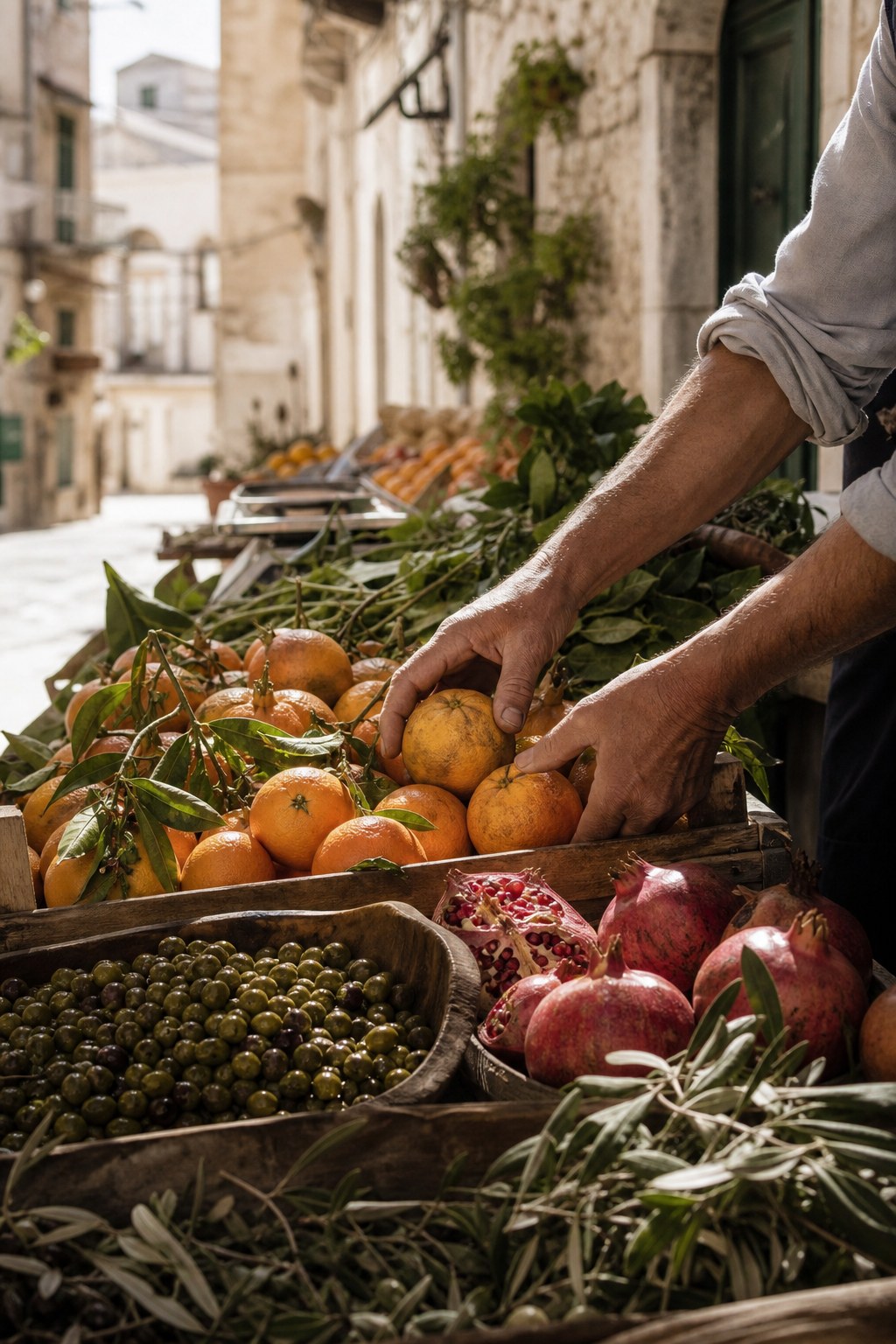 Sicilian market produce arranged by hand