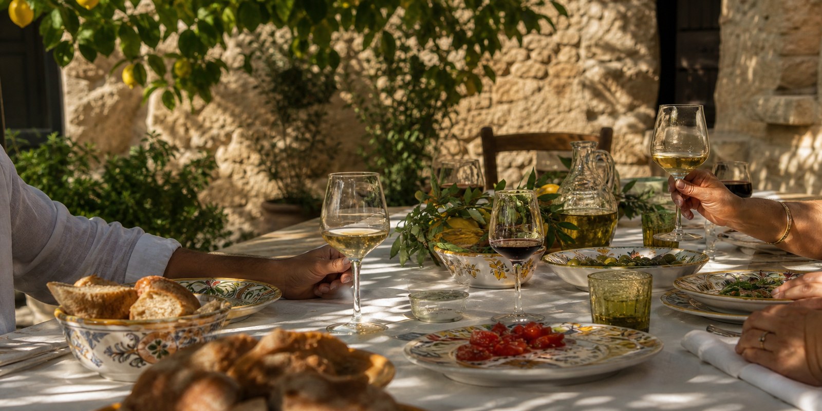 Slow Sicilian lunch in a shaded courtyard