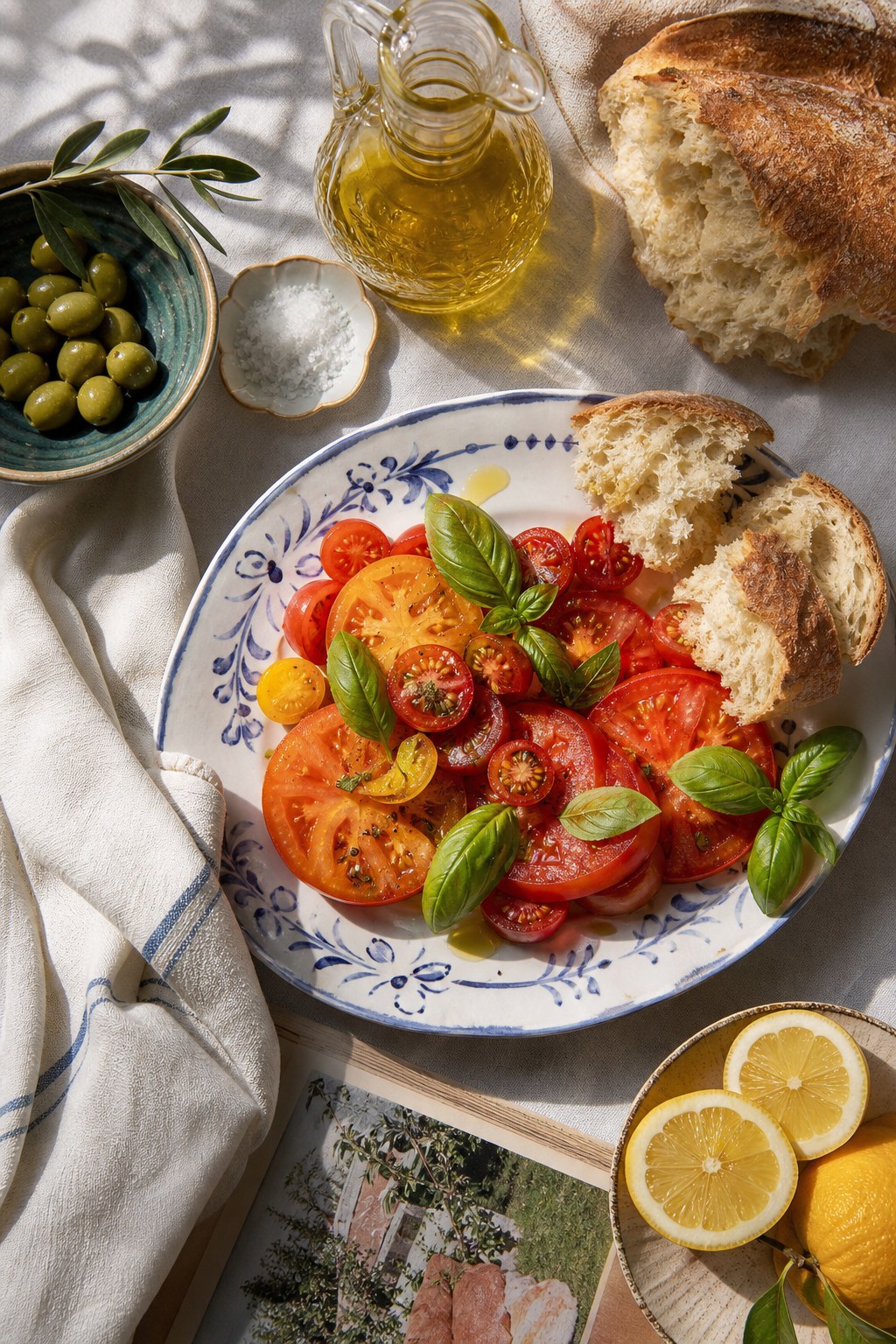 Sicilian table with tomatoes, olives, basil, and bread